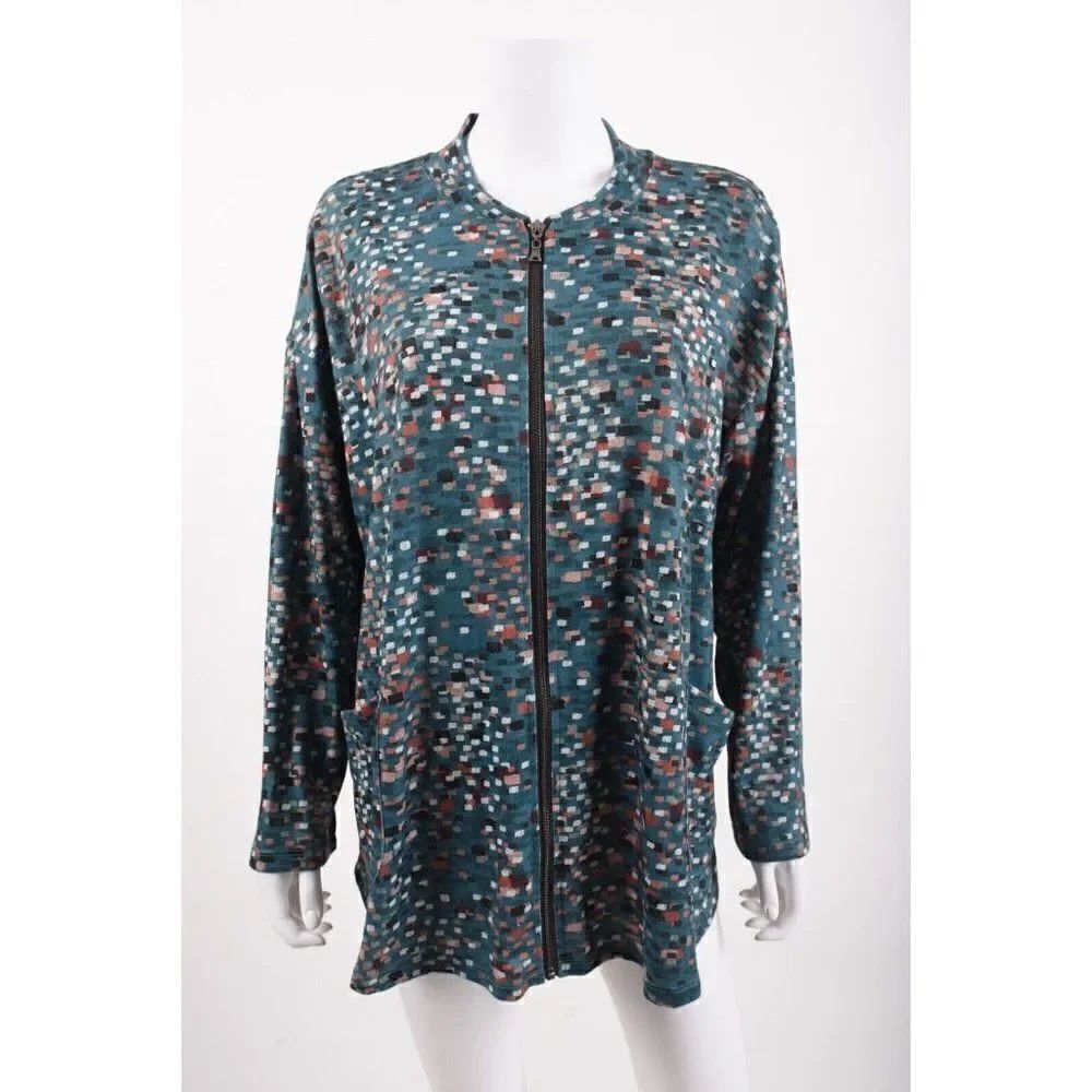 CJ Banks Womens Cardigan sweater 1X 16-18W Green Blue Multi-Color Zip-Up NWT